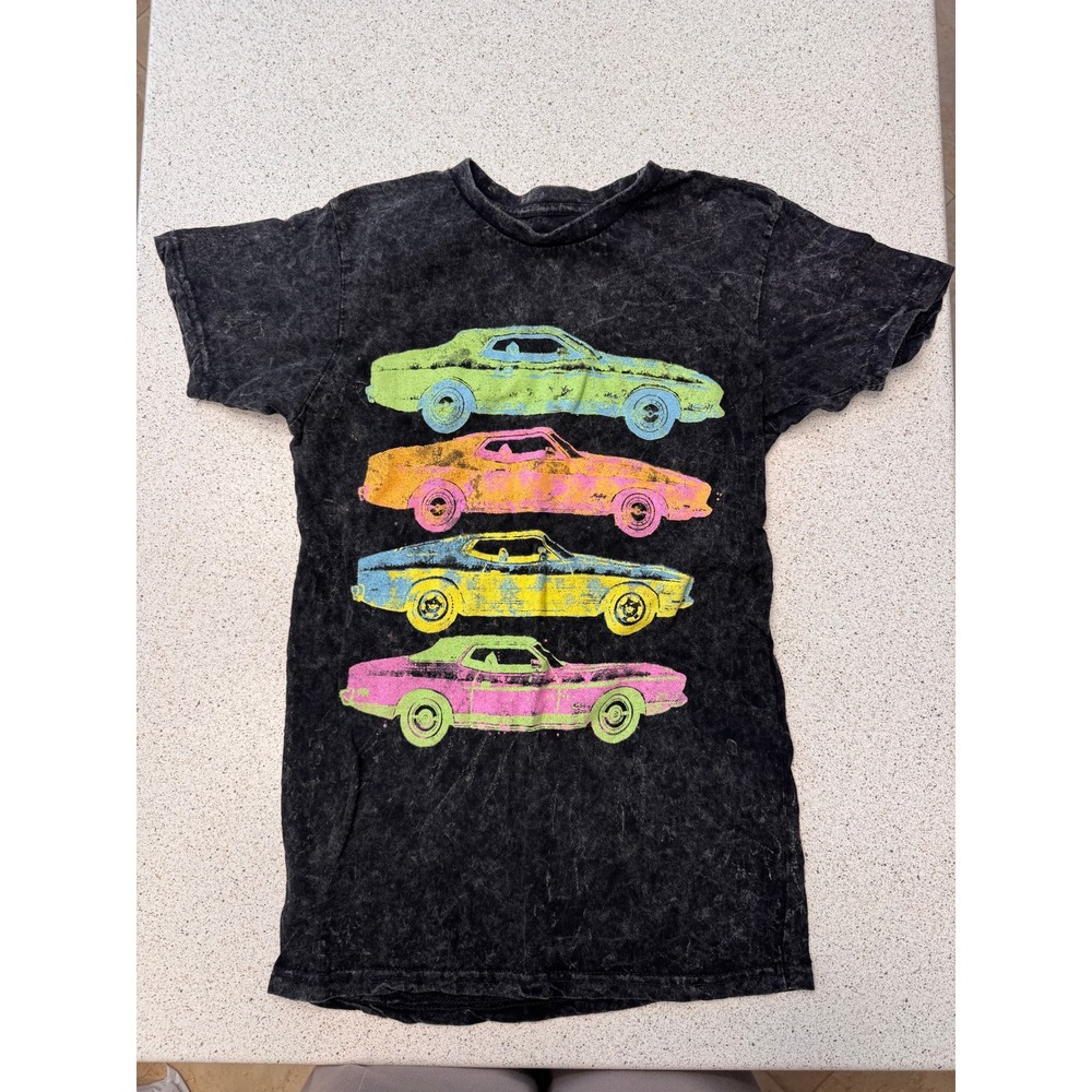 Ford Mustang Acid Wash Graphic Tee Neon Car Print Black Mineral Wash Shirt Small